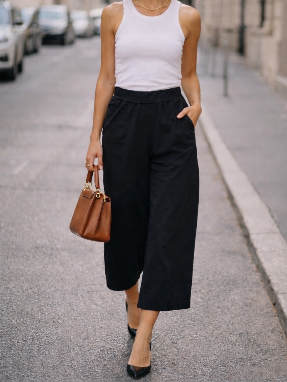 Le Nove Black Cropped Wide-Leg Pants One Size Elastic Waist Minimalist Workwear